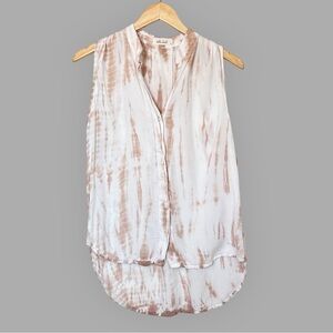 Bella Dahl Sleeveless Cream/Brown Tie-Dye Button Down Hi-Low Blouse Top, XS